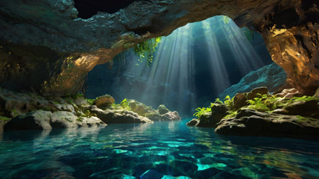 Underwater view of a cave with sunlight shining through the water.の写真素材