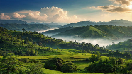 Beautiful panoramic view of rice terraces in the morning.