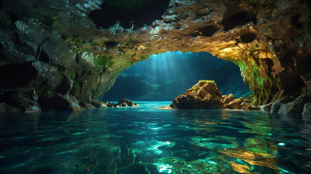Cave in the sea. Underwater view of the underwater cave.の写真素材