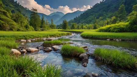 beautiful landscape of mountain river and green forest in the morning.の写真素材