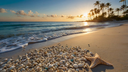 Beautiful tropical beach with sea shells and starfish at sunset.