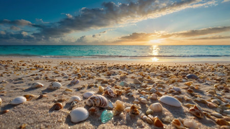 Seashells on the beach at sunset. Vacation concept