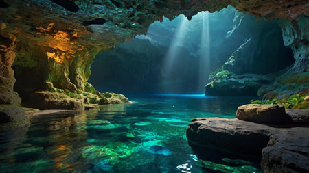 Beautiful underwater cave with turquoise azure water and sunlightの写真素材