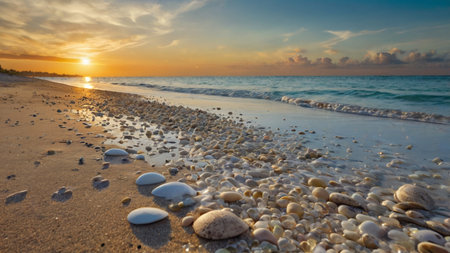 Beautiful sunset on the beach with pebbles and stones.の写真素材