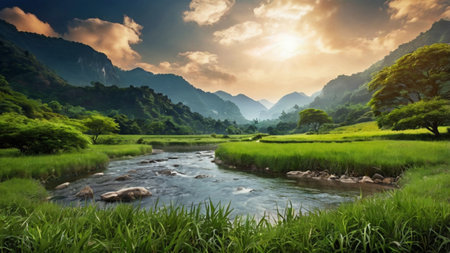 Beautiful landscape of green rice field with river and mountain at sunsetの写真素材