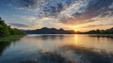 Sunset over the lake with mountains in the background and reflection in the waterの写真素材