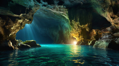 Beautiful view of the underwater cave in the sea. 3d renderingの写真素材