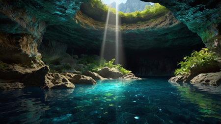underwater cave and light beam in the sea. 3d render