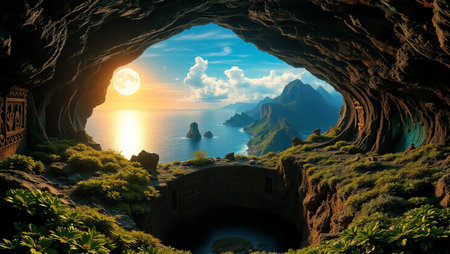 Beautiful sunset in the sea cave. Fantasy landscape. 3d renderingの写真素材