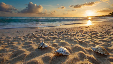 Seashells on the sandy beach at sunset. Tropical backgroundの写真素材