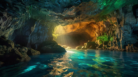 Cave with turquoise water and sunlight shining through the caveの写真素材