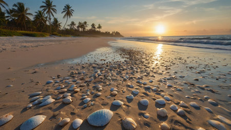 Beautiful sunset on the beach with rocks and palm trees in Sri Lankaの写真素材