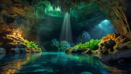 underwater cave with light rays and stalactites. 3d renderingの写真素材