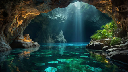 Underwater view of a cave with crystal clear water. 3d renderingの写真素材