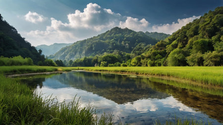 Beautiful landscape with river and mountains in the background. Panoramaの写真素材