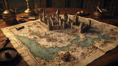 Castle on old map. Fantasy world. Fairy tale concept.