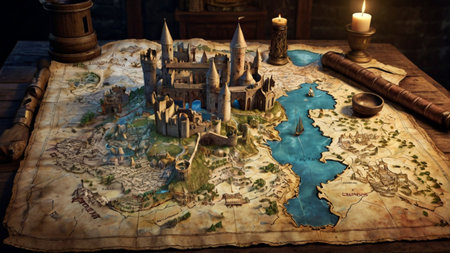 Medieval world map with castle and candles in the old castle.