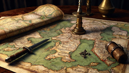 Ancient map, compass and dagger on a wooden table. 3d illustration