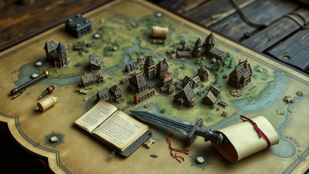 Old magic book and miniature houses on a wooden table. Selective focus.