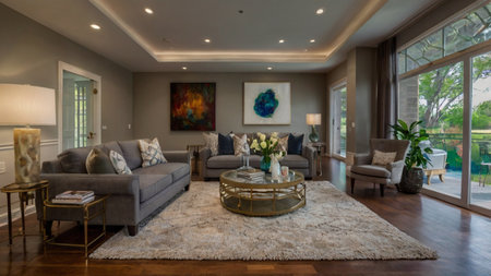 Luxury living room interior with sofa, coffee table and window