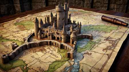 Castle on the old map of the world. 3d illustration