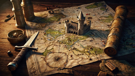 Old map with old map, compass and spyglass. Travel concept