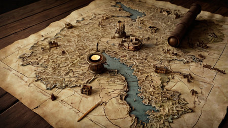 Old map with a compass and a burning candle on a wooden background