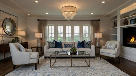 Luxury living room with white sofa, coffee table and fireplace
