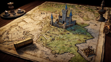 Castle on the map of the world. Fairy tale concept.の写真素材