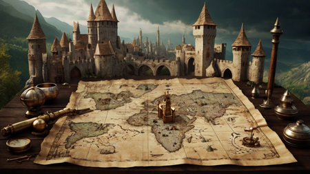 Medieval castle on old map. 3d illustration. Fantasy world.