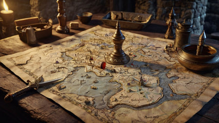 Ancient map and treasure hunt concept. Treasure hunt. Treasure hunt.の写真素材