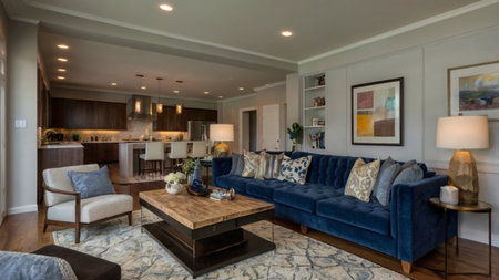 Luxury living room with blue sofa and coffee table. Northwest, USA