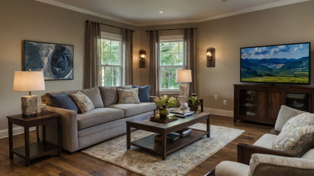 Luxury living room with beige sofa, armchairs and coffee table