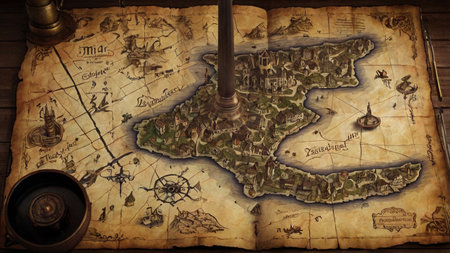 Old map of the island of Rhodes, Greece, on a wooden background