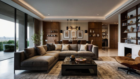 Interior of a modern living room with a brown sofa and a coffee table