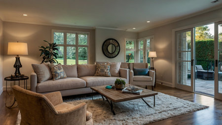 Luxury living room interior with beige sofa and coffee table