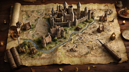 Medieval castle on the old map. 3D illustration. Vintage style.の写真素材