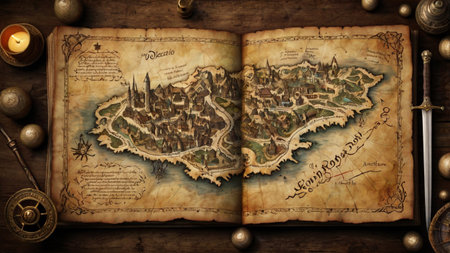 Old map and compass on wooden background. Travel and adventure concept.の写真素材