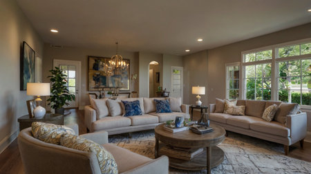 Living room with beige sofa and armchairs in a luxury home