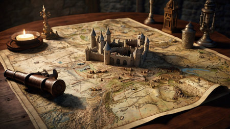 Medieval castle on a map. Fantasy world. Selective focus.の写真素材