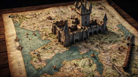 Medieval castle on the old map of the world. Vintage style.