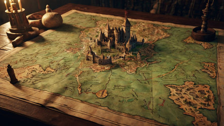 Medieval castle on the map. Fantasy world. Fairy tale.の写真素材