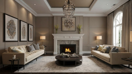 Luxury living room interior with fireplace. 3D rendering.