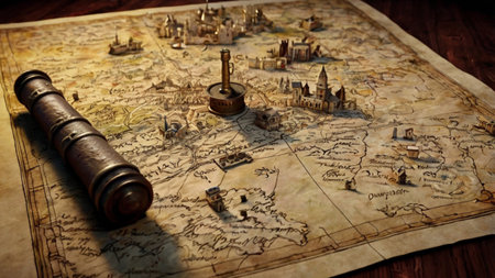Old map with old wooden toy soldiers. Retro style toned image