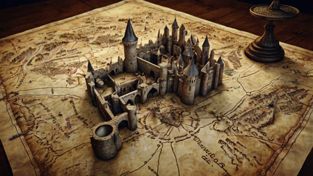 Medieval castle on the old map. Fantasy world. Selective focus.
