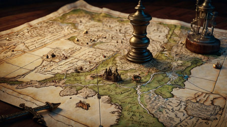Old map with a compass and a black king on the background.の写真素材