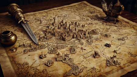Ancient map of the city on a wooden table. Vintage style.の写真素材