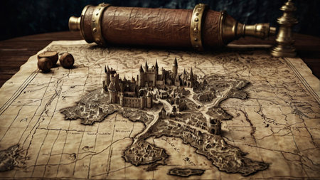 Castle on the old map. Travel concept. Vintage style.の写真素材