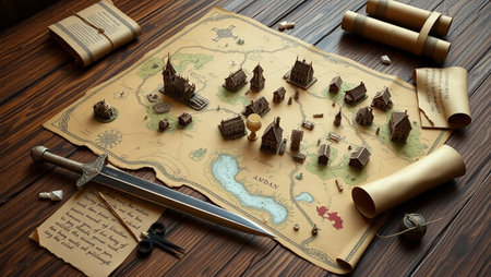 Ancient map with toy city and old map on wooden background. Travel concept