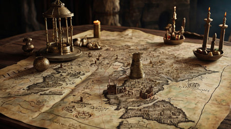 Old map and candles. Travel and adventure concept. Vintage style.